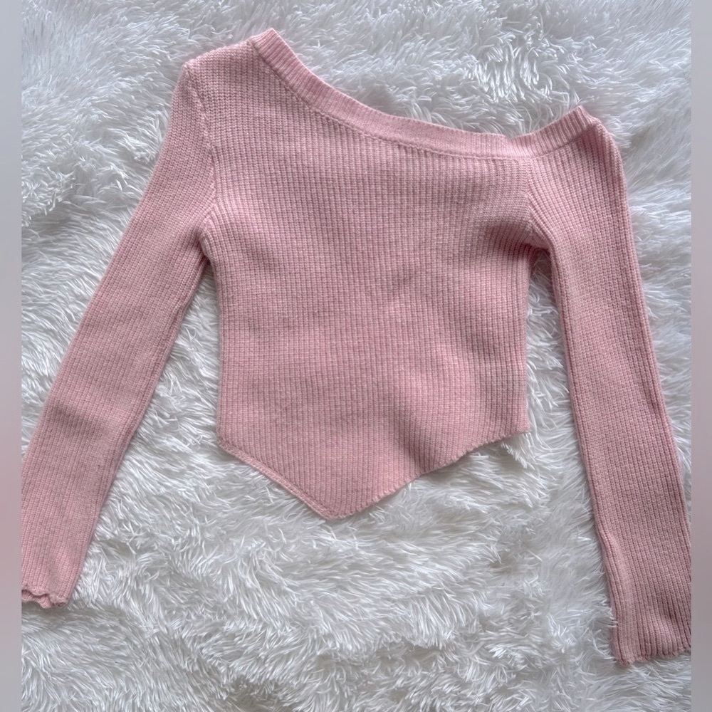 Pink Ribbed Off-Shoulder Sweater - Picture 4 of 7